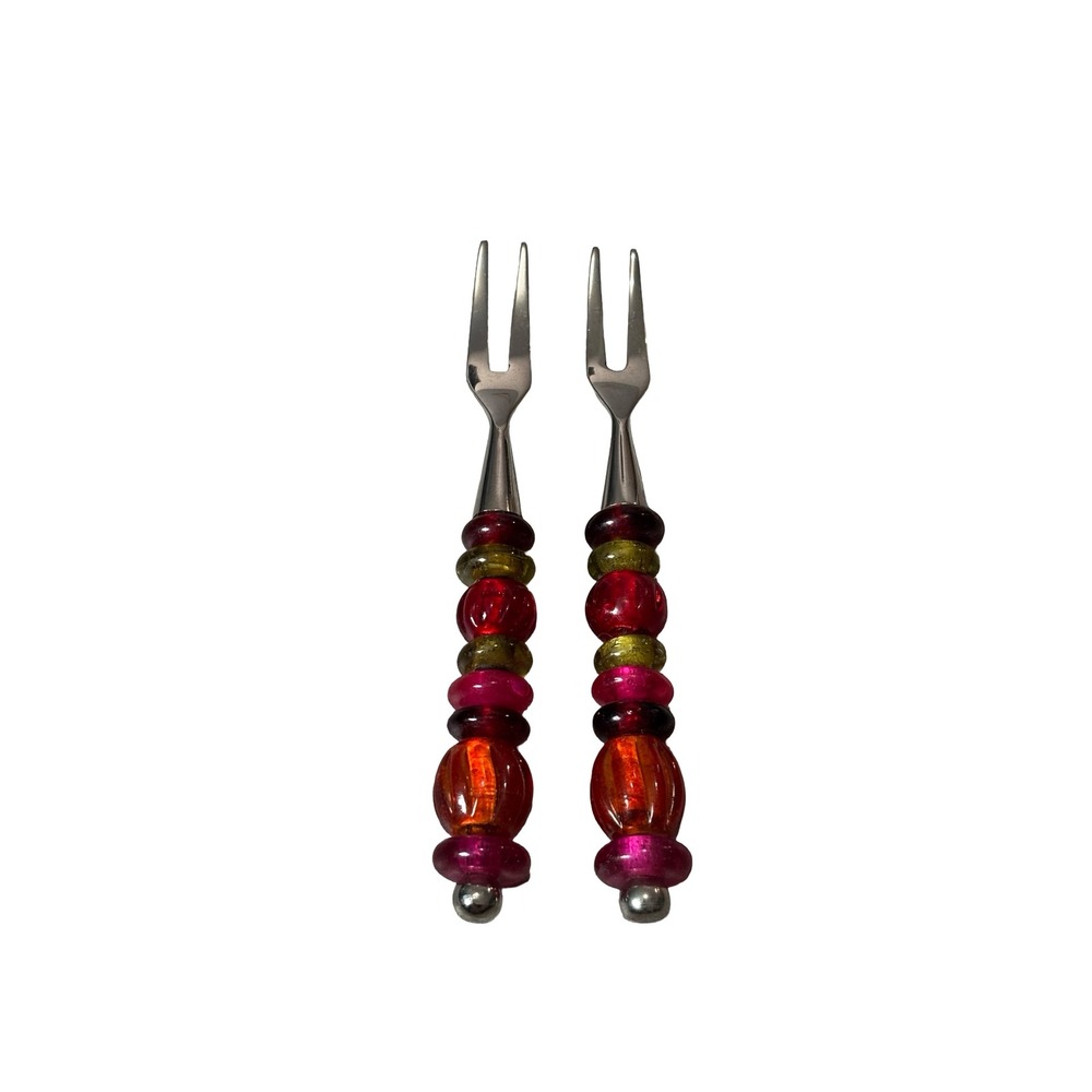 Vintage Beaded Glass Appetizer Cocktail Forks Set of 2 Red Pink Multi Stainless
